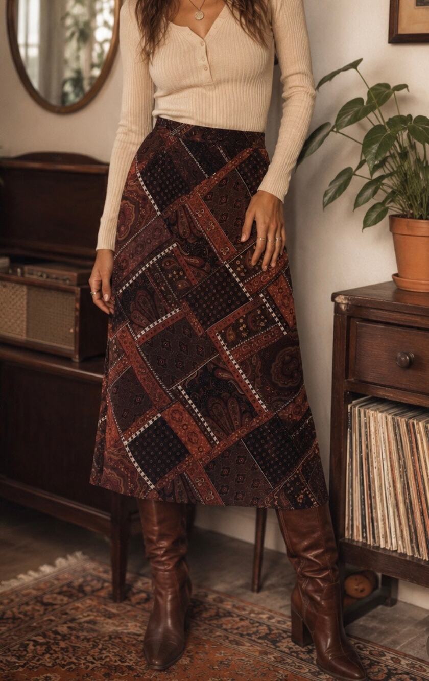 Vintage Briggs New York Paisley Patchwork Midi Pencil Skirt western 90s boho XS